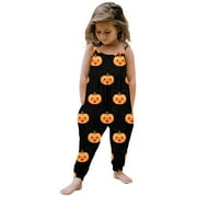 Girls Boys Onesie Fashion Sleeveless Round Neck Cartoon Pumpkin Printed Spaghetti Strap Halloween Jumpsuit Newborn Versatile Indoor One-Pieces,Black,3-4 Years